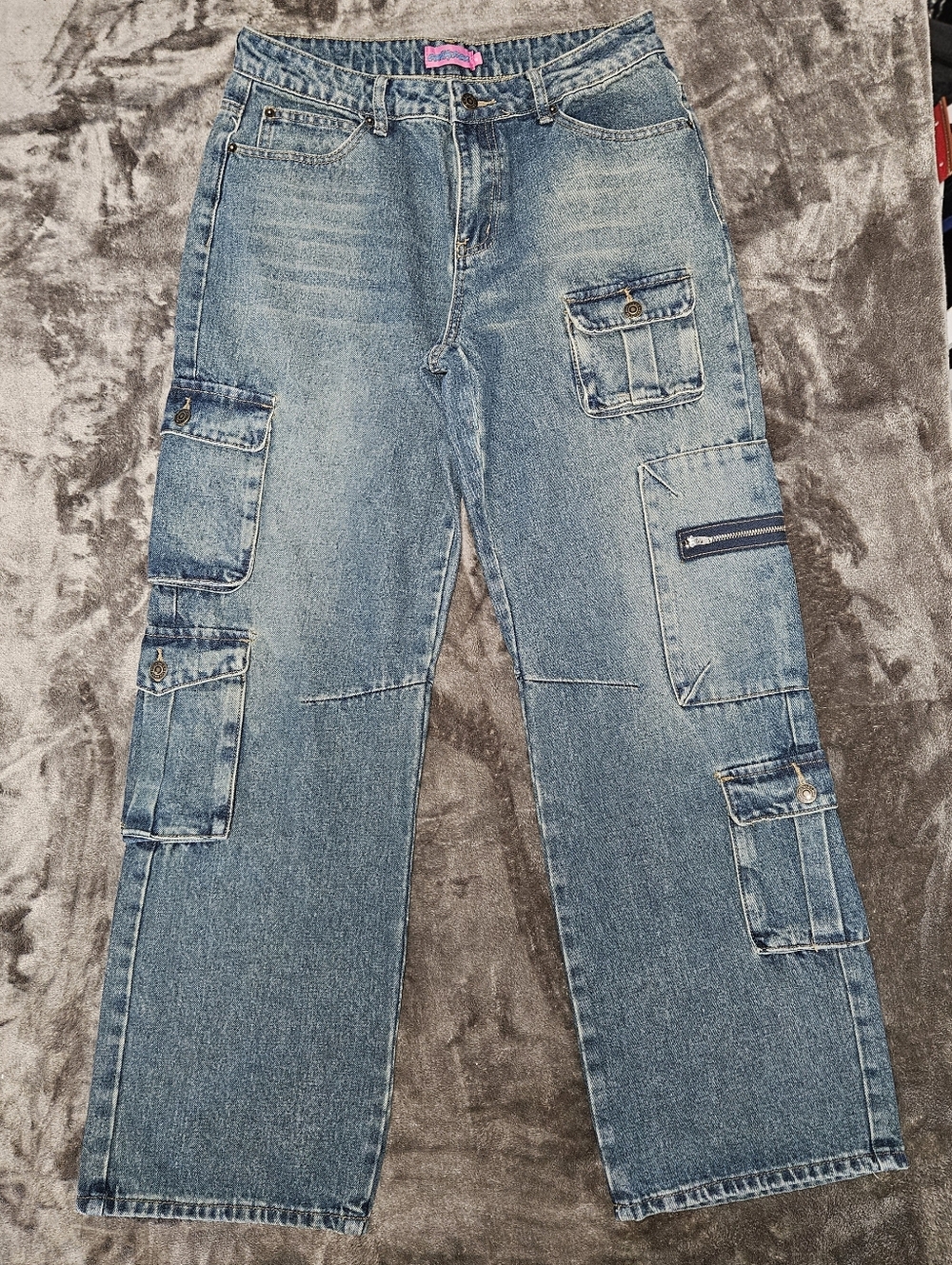Edikted Womens Blue Cargo Wide Leg Stacked Jeans with Utility Pockets Sz M Y2k